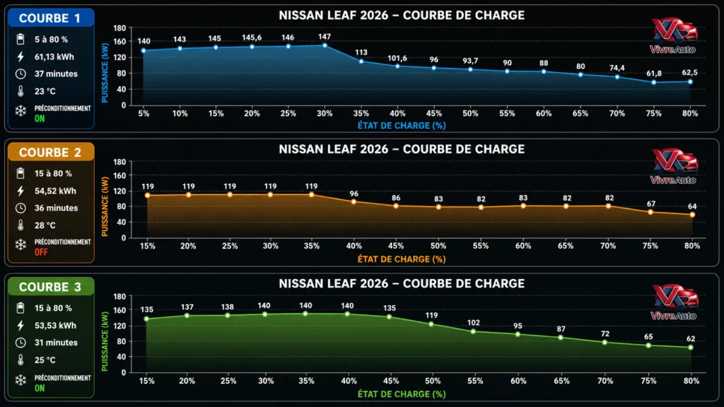 Trois courbes de charges DC selon conditions de la Nissan Leaf 75 kWh 2026