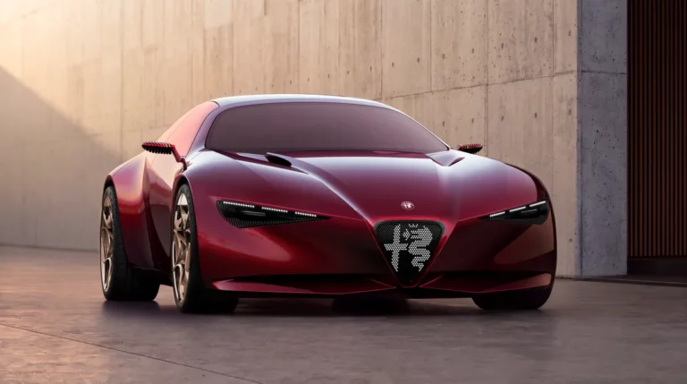 Lignes athlétiques et calandre emblématique du concept Alfa Romeo Cuorerosso.