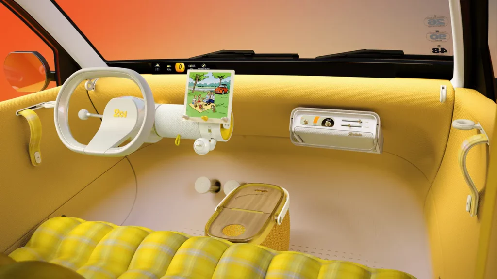 Intérieur minimaliste et banquettes jaunes de la nouvelle 2 CV électrique.