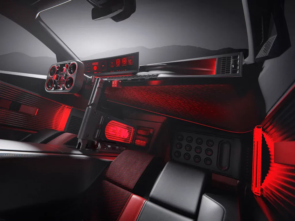 Cockpit futuriste avec volant Hypersquare et écran panoramique 21 pouces.